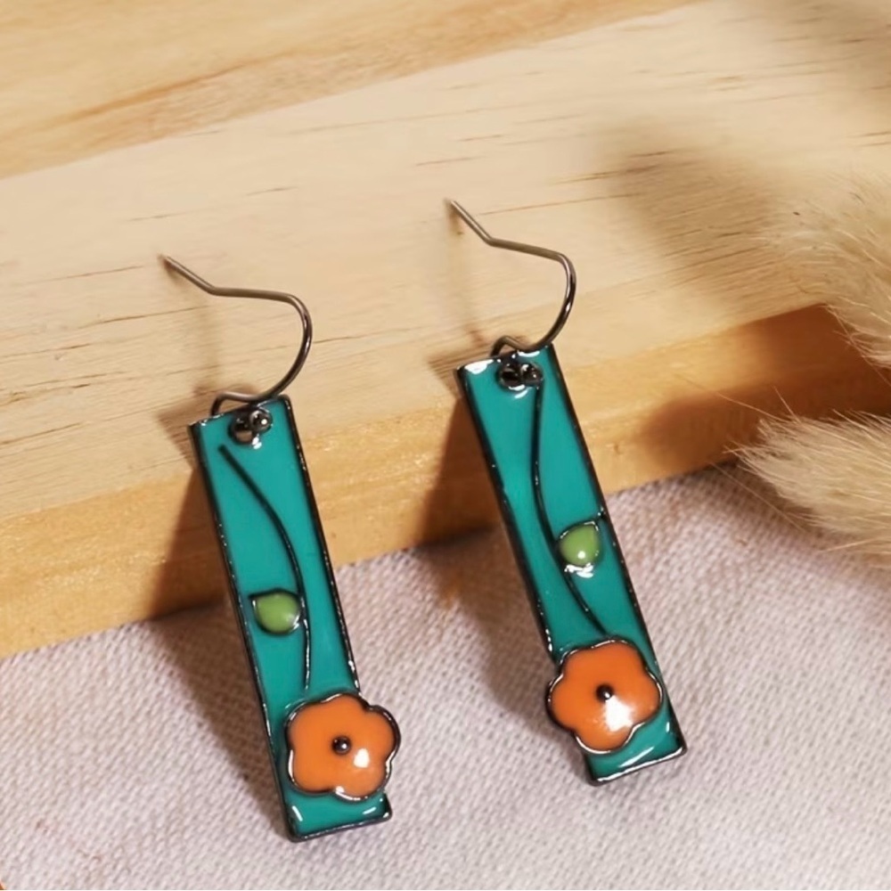 Blue Floral Enamel Bar Dangle Earrings NWOT - Picture 3 of 6